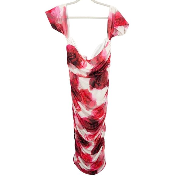 ASOS DESIGN Curve V-Wire Bardot Ruched Mesh Midi Dress Rose Floral - Size 16 - Picture 2 of 7